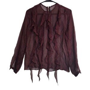 Thomas Wylde Sheer Burgundy Silk Fringe Ruffle Longsleeve Layer Blouse Top